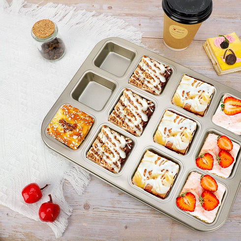 Beasea Brownie Pan with Dividers, 1 Set Gold All Edges Square Cupcake Brownie Pans 12 Cavity Non Stick Baking Mold