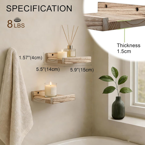 6 5.5inch, 3 Pack Z metnal Mini Floating Shelves, Small Natural Wooden Display Wall Shelf for Picture Ledge, Pawlownia