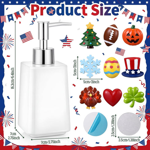 4th Set 9 Gejoy Seasonal Soap Dispenser Patriotic of July Magnetic Interchangeable - Ceramic Hand Soap Dispenser