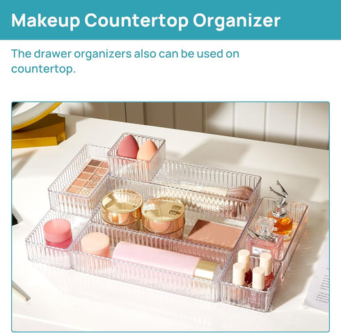 Vtopmart 7 PCS Clear Drawer Organizers, 4-Size Stackable Makeup and Vanity Drawer Organizer Trays