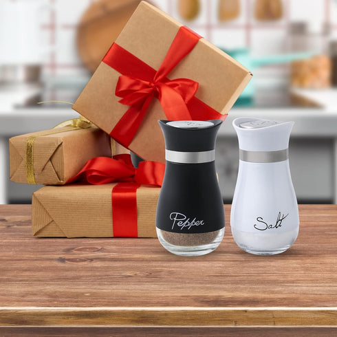 Lonffery Salt and Pepper Shakers Set - 4 oz Farmhouse Spice Dispenser with Glass Bottom, Black and White, Set of 2