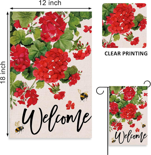 Welcome Spring Geranium Decorative Garden Flag, Red Floral Flowers Bee Yard Outside Decorations, 12 x 18