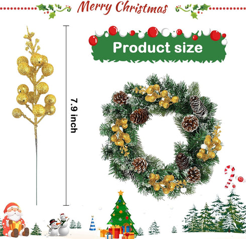 LEBERY 14Pcs 7.8 Inch Gold Christmas Glitter Berries Stems Christmas Tree Picks Artificial Christmas Picks Stems Faux
