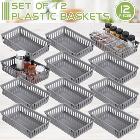 Wenqik Set of 12 Plastic Baskets for Organizing, 10.24 x 6.5 x 2.36 Inch Rectangular Trays for Desk Organization (Grey)