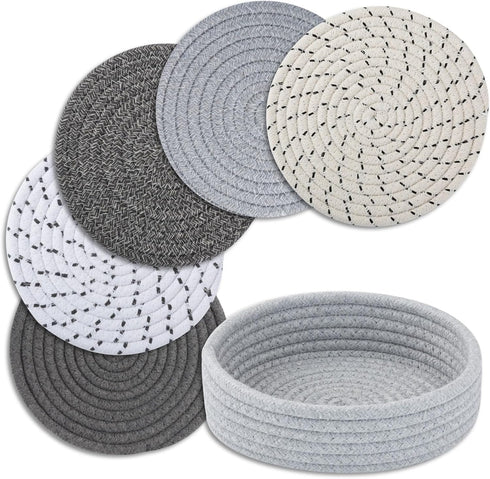 Trivets for Hot Dishes, 5 Pcs Cotton Hot Mats with Storage Basket, Protect Countertops and Cooking Pots