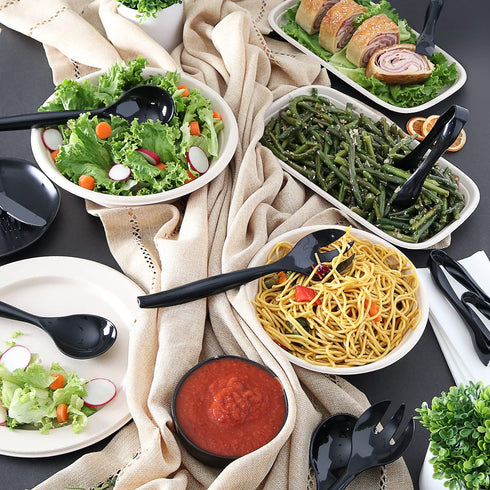 Plastic Serving Utensils, Black Heavy Duty Disposable utensil, 24 Pack, 8-10” Spoons and Forks, 8-6-1/2” Tongs by StarMar