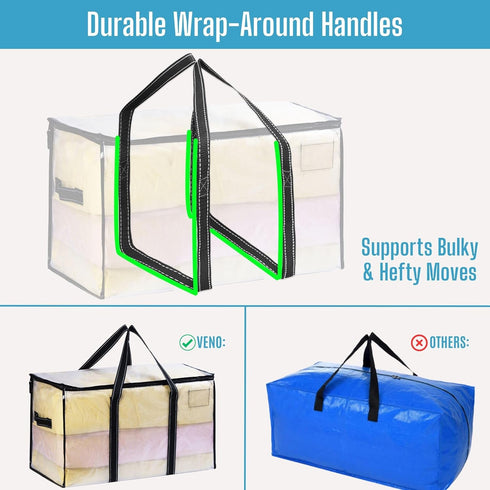 VENO 2 Pack Moving Bags, Heavy Duty Totes with Lids, Extra Large Packing Storage Boxes, Sturdy Handles, Zipper (Clear