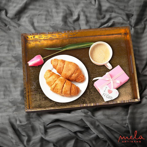 16 12 2.5 Coffee Table Tray (Distressed Gold) - Flourish Wood Serving Tray w/Handles for Breakfast in Bed - Mango Wood