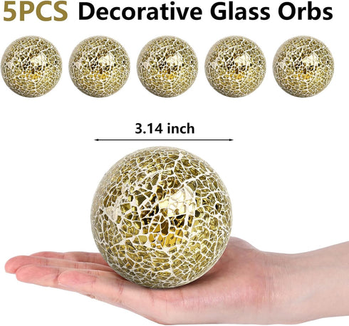 HAKACC 5PCS Decorative Glass Orbs, 3.14inch Mosaic Sphere Balls Centerpiece Balls for Bowls Vases Dining Table Home Decor Wedding Party Gold by HAKACC