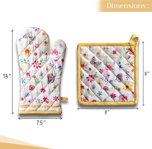 Maison d' Hermine 100% Cotton Oven Mitt & Pot Holder Set, Heat Resistant BBQ Cooking Gloves, Happy Florals