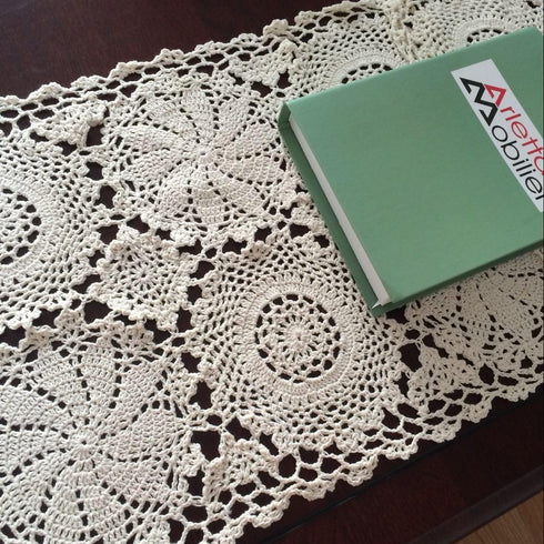 Abreeze Rustic Floral Table Runner, Hand Crochet Table Doily, Beige Cotton Lace Table Decoration 15.7"X59"