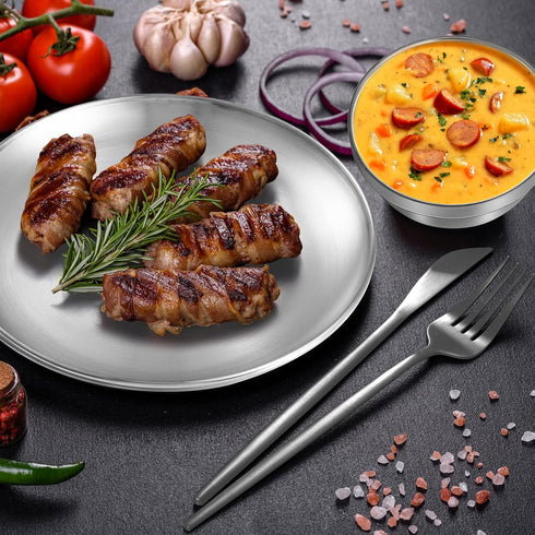 304 13 oz Dinnerware(6 Sets,8 8 Inch) Sunnyray Stainless Steel Plates and Bowls Metal Camping Plates Reusable Steel