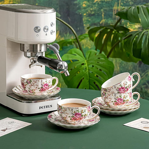 6.4oz Agyiuns Tea Cup and Saucers, Floral Tea Cups with Gold Trim, Porcelain Teacup, Coffee Cappuccino Espresso Latte