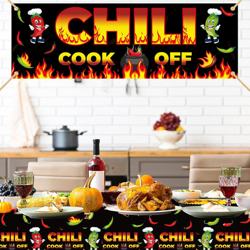 Chili Cook Off Decorations: 71" x 24" Banner and 3 Pcs Tablecloths for Cooking Party Supplies