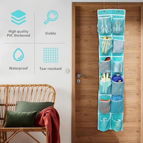 12 GOMAJI Over the Door Hanging Shoe Organizer, Pockets, Turquoise