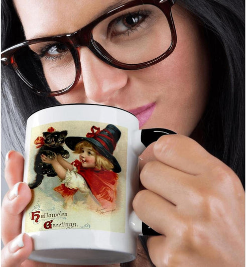 3dRose "Halloween Greetings" Two Tone Black Mug, 11 oz, Multicolor, Cat, Girl, Costume, Trick or Treat, Witch