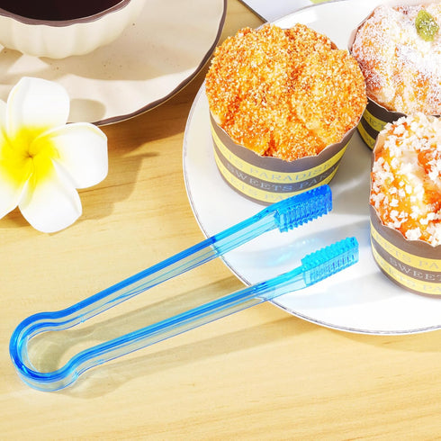 10 Pcs Clear Blue Plastic Buffet Serving Tongs, Mini Kitchen Tongs for Food, Ice, Salad, Barbecue, 6.3 Inches