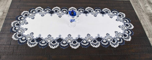 Linens, Art and Things White Navy Blue Jacquard Peacock Tail Lace Dresser Scarf Table Runner (16Wx35L)