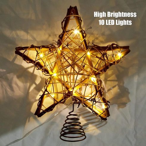 LAWOHO 10-inch Rustic Brown Rattan Christmas Tree Topper Star with 10 Warm White Lights and Timer Functions