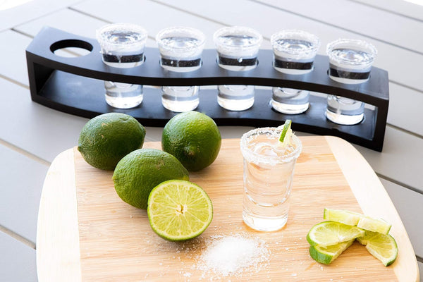 LEMONSODA Shot Glass Set with Wood Layered Base Tray - 6 Shot Glasses for Whiskey, Tequila, Rum, Vodka