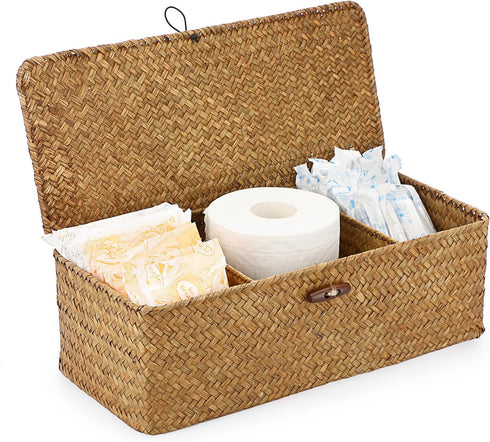 Sumnacon Small Woven Basket for Shelf, Seagrass Storage Basket with Lid for Toiletry, Rectangular, Caramel