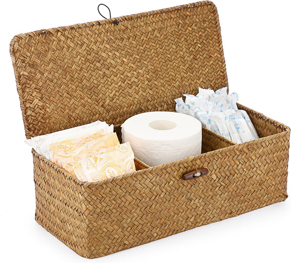 Sumnacon Small Woven Basket for Shelf, Seagrass Storage Basket with Lid for Toiletry, Rectangular, Caramel
