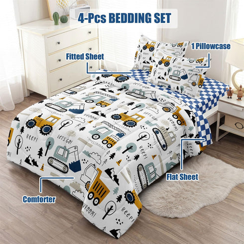 Leaflin 4-Pcs Set, Set Sets Construction Twin Size Boys Bedding Kids Comforter for Teens w/Sheets and Pillowcase, Soft