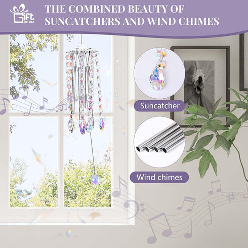 4 GiftAmaz Crystal Suncatcher Wind Chimes with Tuned Tubes, Hanging Prism Rainbow Maker Chandelier Crystal Pendant Wind