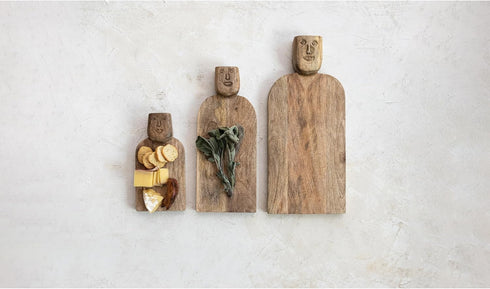 Creative Co-Op Medium Hand-Carved Mango Wood Slicer - Natural Cheese and Cutting Board with Face Handle Design