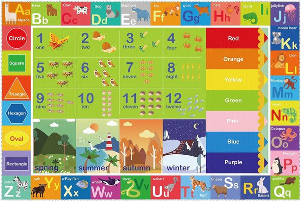 Kids Educational Rug, ABC Alphabet Play Mat, Numbers Shapes Color Seasons Learning Carpet for Playroom Bedroom