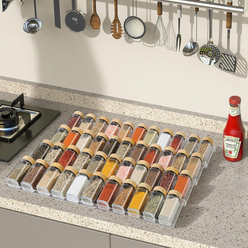 Spice Drawer Organizer 4 Tier, Acrylic Seasoning Organizer Rack, Clear Spice Rack Tray, Expandable from 9" to 18" (Jars