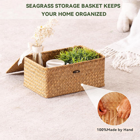 Nonam Set 3, Storage Basket with Lid, Natural Seagrass Bin with Lid of Shelf Baskets Multipurpose Container for Boho