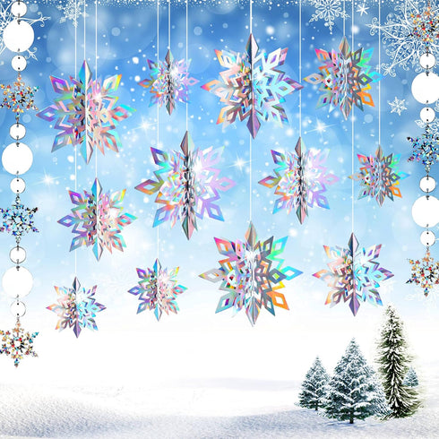 JULMELON 15Pcs Frozen 3D Hanging Snowflakes Decorations, Holographic Silver Snowflakes for Winter Wonderland Party