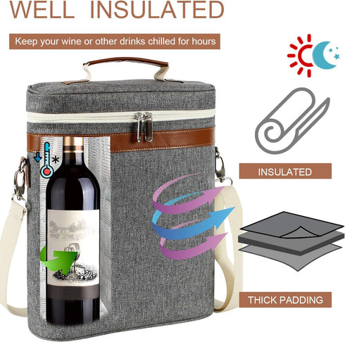 3 Bottle Insulated Wine Tote Carrier Bag - Portable Travel Padded Wine Cooler with Corkscrew Opener