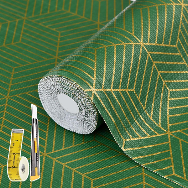 Shelf Liners for Kitchen Cabinets 17.5in x 20FT, Non-Adhesive Strong Non-Slip Thickened Gold Green Geometric Drawer