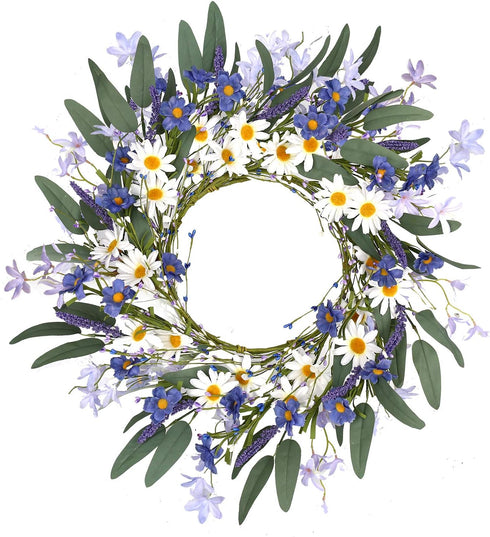 VioletEverGarden 20 Inch Spring Wreath for Front Door, Violet Blue and White Daisy Floral Decor