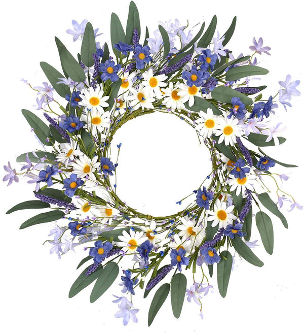 VioletEverGarden 20 Inch Spring Wreath for Front Door, Violet Blue and White Daisy Floral Decor
