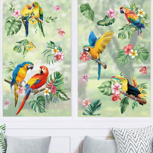 decalmile Tropical Parrots on Branch Window Clings Birds Flowers Palm Leaves Window Decals Anti-Collision Glass Window Doors Window Stickers