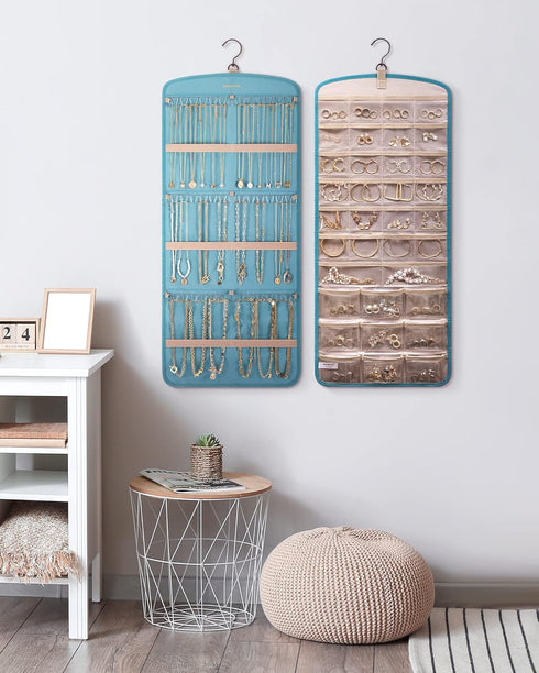 BAGSMART Hanging Jewelry Organizer, Large Teal Necklace Holder with 20 Jewelry Bags, Travel Storage Roll with Pockets