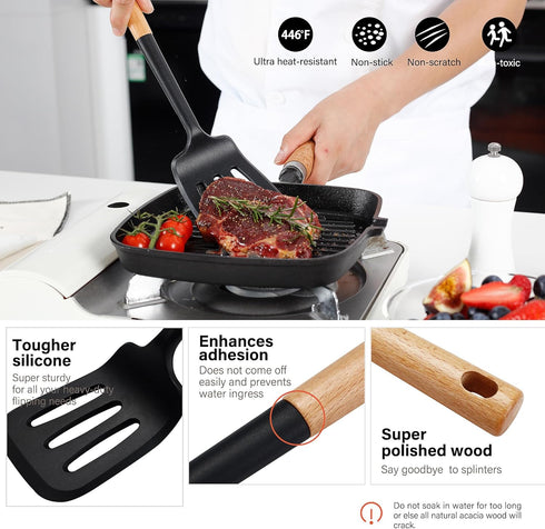 NCUE Kitchen Utensils Set, Large Non-stick Silicone Cooking Utensils Set 6 Pcs, Wooden Handle Heat Resistance Silicone Spatula Soup Ladle Pasta Server Kitchen Gadgets Utensils Set BPA Free (Black) by NCUE