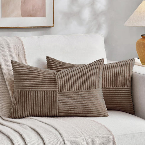 Fancy Homi Set of 2, Light Brown Patchwork Corduroy Decorative Soft Striped Modern Accent