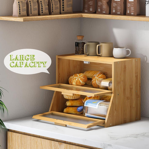 Counter BMOSU Large Bread Box Double Layer Bamboo Bread Box for Kitchen Container Farmhouse Bread Holder Capacity Bread
