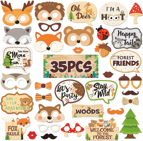 35 PCS Woodland Animal Photo Booth Props - Wild One Camping Theme Party Favors for Baby Shower Birthday Supplies