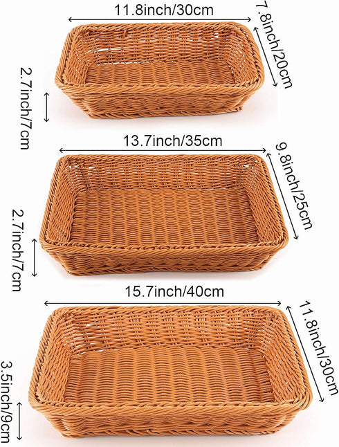 ZOENHOU 3 Packs Poly Wicker Bread Basket – Handmade Woven Empty Gift Basket for Home, Restaurant, and Hotel – Brown