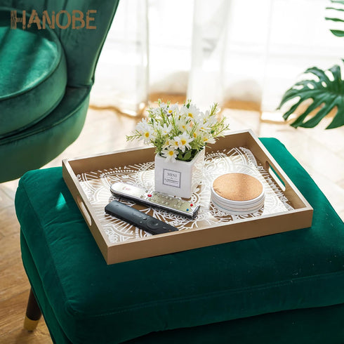 Counter, Decorative Serving Tray with Handles - Hanobe Floral Wooden Coffee Table Trays for Ottoman Centerpiece Decor