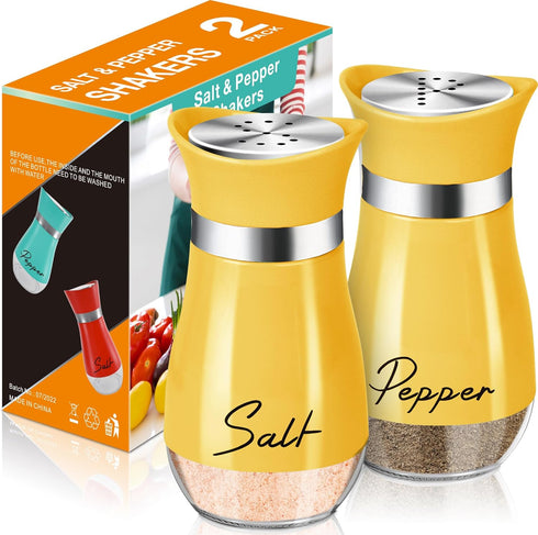 Salt and Pepper Shakers Set, 4 oz Glass Bottom Shaker with Stainless Steel Lid for Kitchen, BBQ, Camp, RV (Yellow)