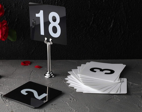 New Star Foodservice 23084 Double Side Plastic Table Numbers, 4" x 4", Light Grey on Black