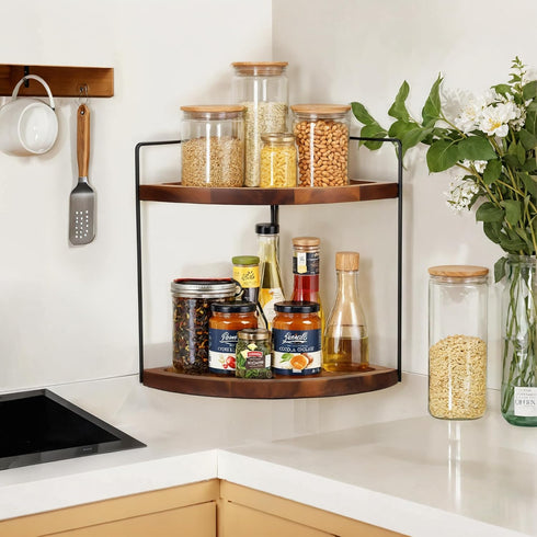 Counter 13.2x9.9 inch, 2 Countertop, Demigo Bathroom Corner Organizer Tier Acacia Wood Organizer Corner Storage Shelf
