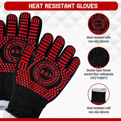Red BBQ Gloves, 1472°F Heat Resistant, 13.4-Inch Non-Slip Silicone Kitchen Safety Gloves for Cooking and Grilling