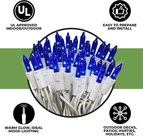 612 100 18 20 Vermont Blue Christmas Lights on a White Wire String, UL Approved, Indoor/Outdoor Use, of Lighted Length